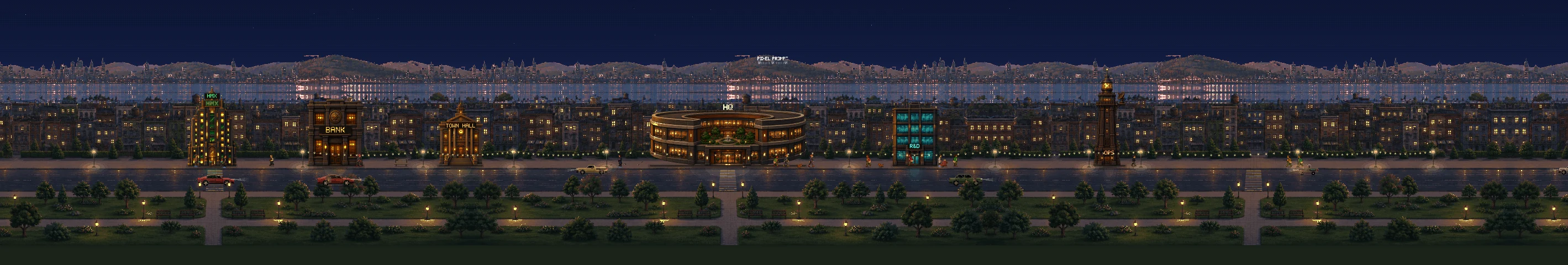 The town we run, its main street at night: the Exchange, the Treasury, Town Hall, the ring HQ under the PIXEL PROMPT hill sign, R&D, and the Watchtower, citizens on the sidewalk